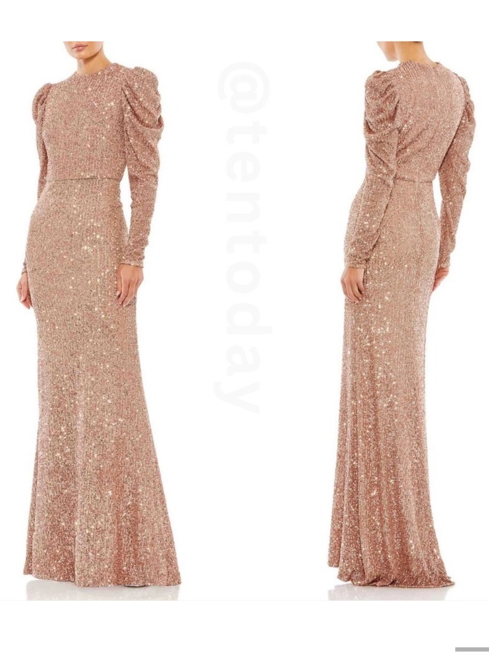 Mac Duggal Rose Gold Sequin Puff-Sleeve Maxi Gown